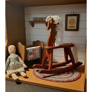 Primitive Folk Art Wood Rocking Horse 6" Doll Size Rustic Hand Crafted Yarn Mane
